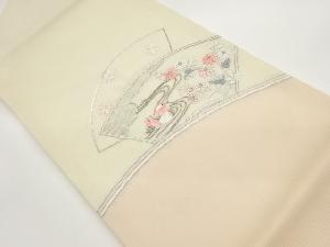 紗 金駒刺繍地紙に鴛鴦・草花模様名古屋帯